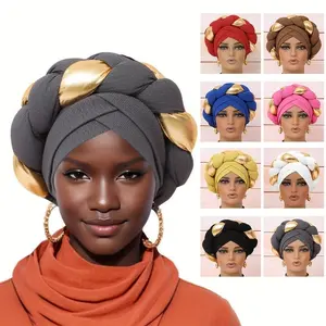 African-Inspired Turban Cap - Elegant, Stretchy Polyester Head Wrap with Golden Braid Accent, Vibrant Colors for Women, Ideal for Parties & Cultural Events