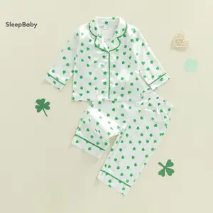 St. Patrick's Day 2 Set Toddler Boys Girl Satin Pajamas Set Shamrock Print Long Sleeve Turn Down Collar Button Up Tops with Elastic Waist Pants
