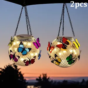 2 Pack Solar Hanging Butterfly Lanterns, Outdoor Waterproof Colorful Garden Lights, Decorative Solar Globe Lights for Patio Yard Tree Porch
