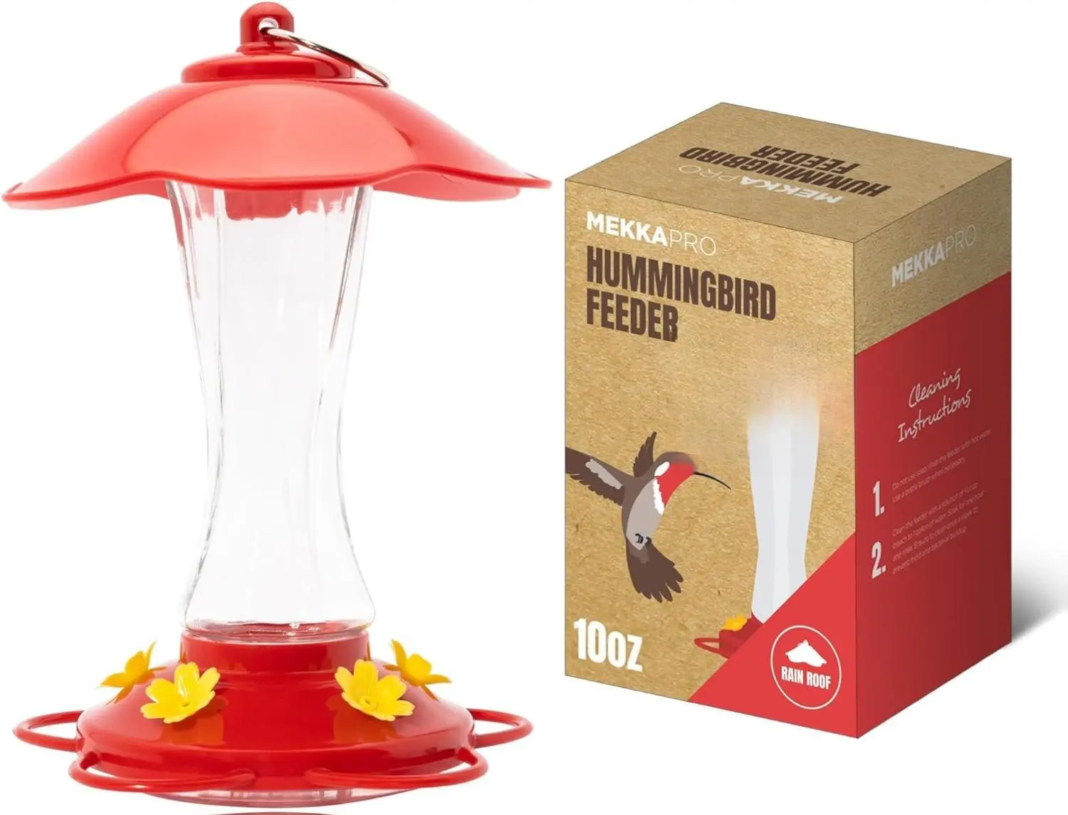 MEKKAPRO Hummingbird Feeders for Outdoors Glass - Red Hummingbird Feeders for Outdoors, Metal Ring, Bee-Proof Design, Easy Assembly, Red Hummingbird Feeder 10 oz