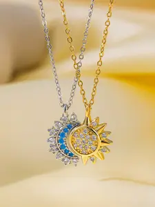 Stainless Steel Necklace with Sun and Moon Design, Elegant Zirconia Dual Color Pendant Gift for Valentine's Day & Christmas, Pendant Chain