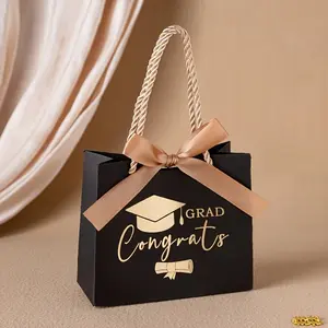 1PC/3PCS Gift for Her/Him A Single Golden Graduation Cap-Themed Gift Bag, Beautifully Crafted with a Ribbon, Showcasing The Phrase 'GRAD CONGRATS' for Holding Candies, Chocolates, And Party Favors, party supplies