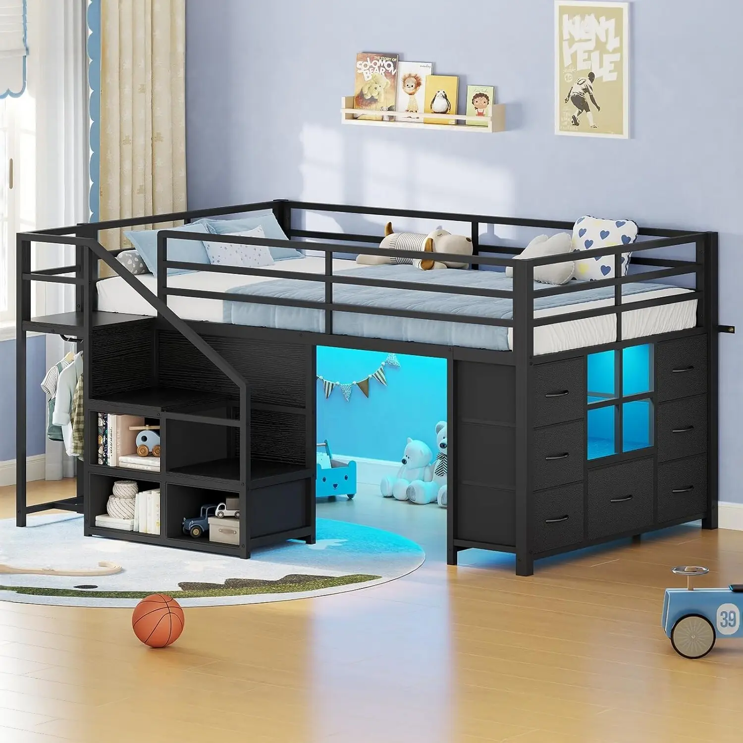 [SummerSale] Sikaic Twin Low Loft Bed with Stairs & LED Lights, Kids Loft Bed with 7 Storage Drawers, 3 Open Cubbies & Clothes Rail, Twin Size Metal Loft Bed with Safety Guardrail, Space-Saving Bed Frame, Black, Home Furniture, Dorm Essentials