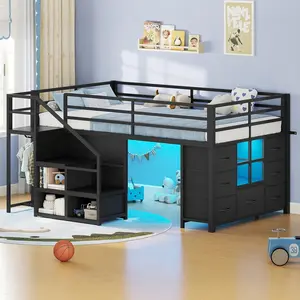 Sikaic Twin Low Loft Bed with Stairs, Kids Loft Bed with 7 Storage Drawers, 3 Open Cubbies & Clothes Rail, Twin Size Loft Bed with LED Lights, Safety Guardrails and Under-Bed Play Area, Black