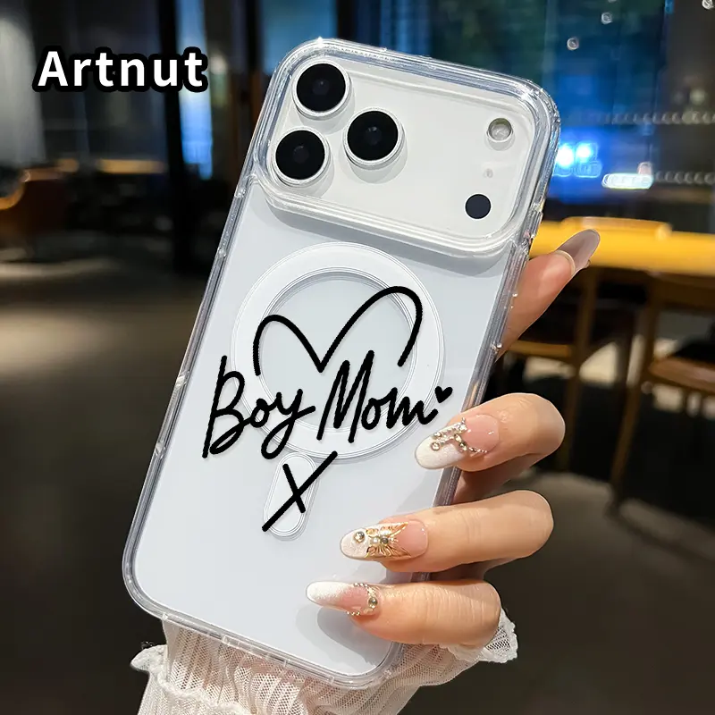 Magnetic Phone Case for iPhone 17 16  Pro Max Plus 15 14 13 12 11 Air E Boy Mom Love Printed Clear Acrylic All Coverage Cover Support Wireless Charging for Girl