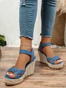 New Summer Denim Blue Wedge Sandals, Short Height High Heel Waterproof Platform Fashion Buckle Strap Shoes, Textile Upper Rubber Sole