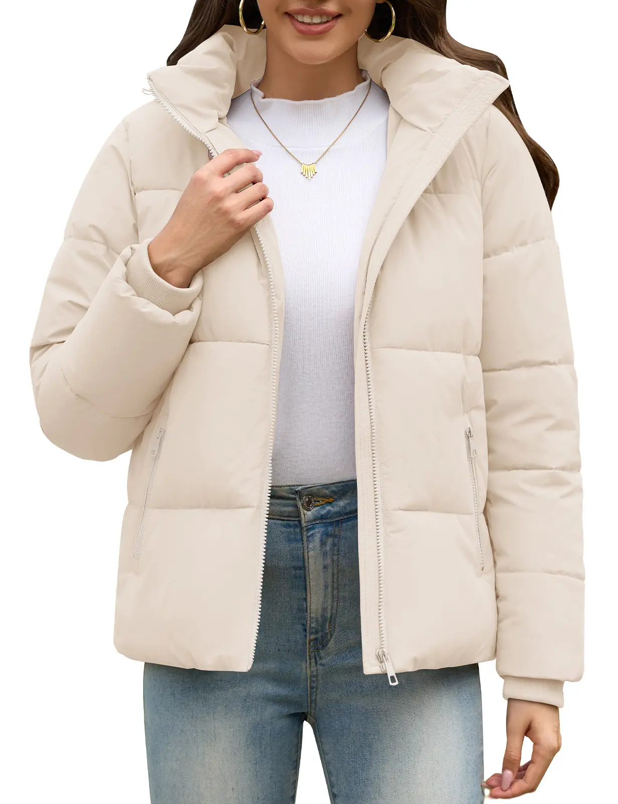 【Early Bird Price】HEEKPEK Women's Cropped Puffer Jacket, Water Resistant Warm Winter Quilted Coat, Removable Hood, Multi Zipper Pockets
