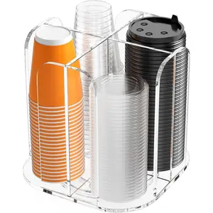 Rotatable 4-Compartment Acrylic Cup Dispenser - Coffee Station Cup and Lid Carousel Countertop Plastic Cup Holder for Restaurant Breakroom Coffee Bar