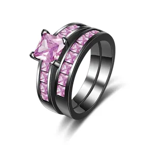 Fashion Double - Layer Stacking Ring - Pink Zircon with Black - Gold Plating Jewelry