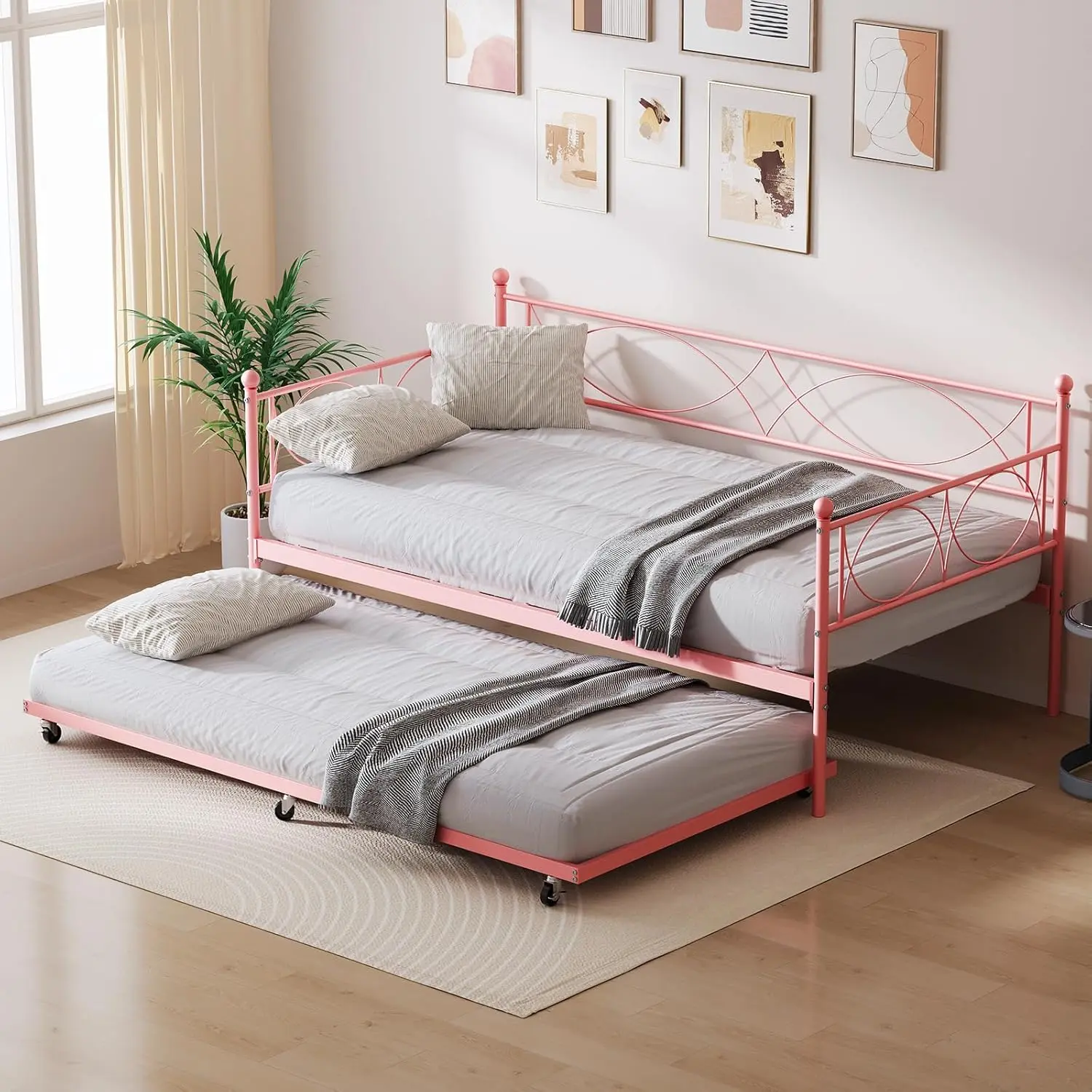 【Christmas Gift】Day bed with pull out trundle twin daybed with trundle twin size mattress foundation with metal slats support for living room bedroom and guest room