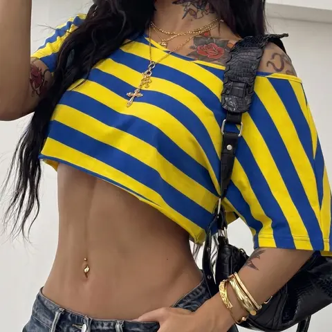 Women's Blue Yellow Striped Off-Shoulder Crop Top Loose Fit Short Sleeve T-Shirt 2026 Casual Streetwear Summer Daily Trendy Going Out Stylish Viral TikTok Fashion Essential Fashion Trendy Clothes