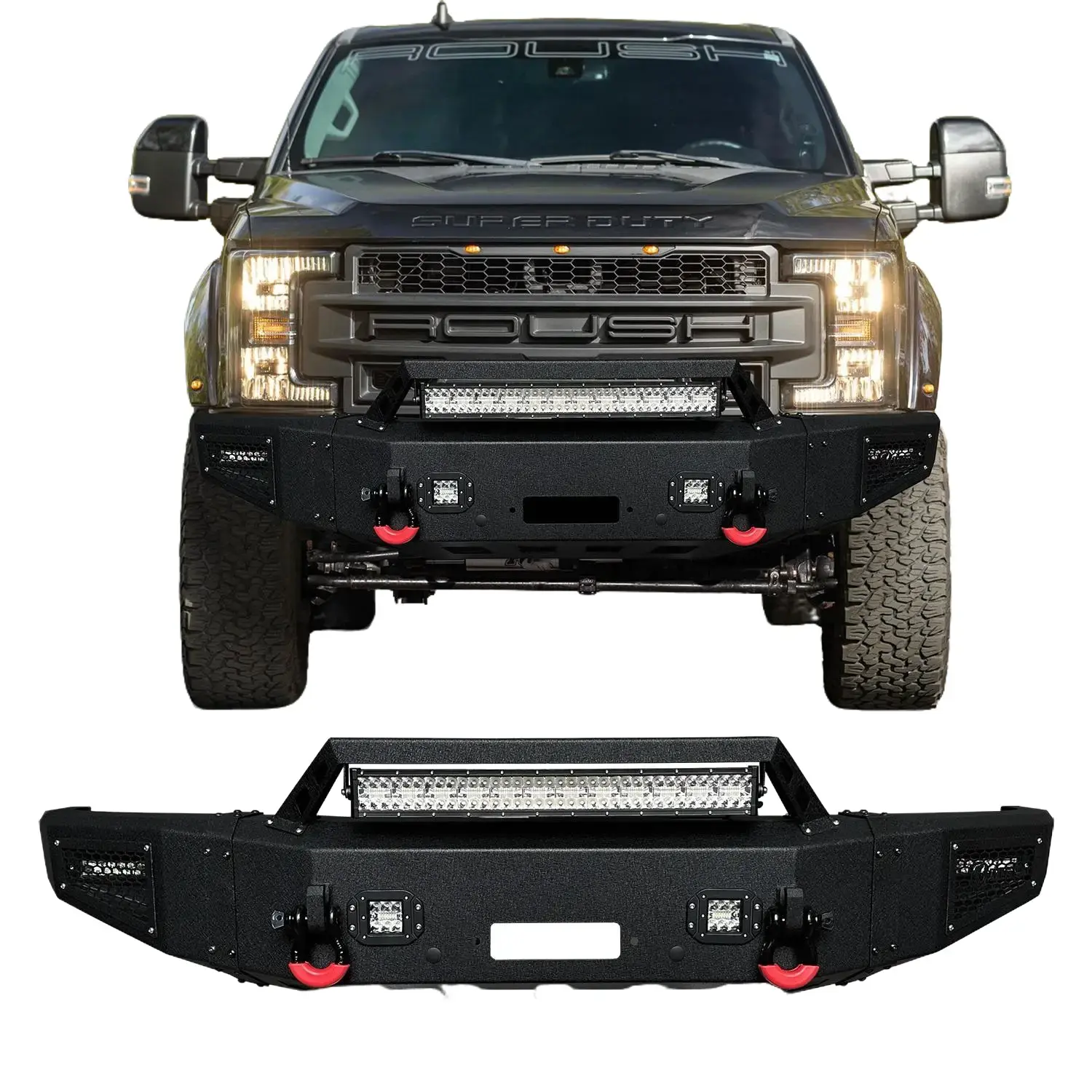 Vijay Black Texture Metal Front Bumper for 2017-2022 Ford F250-F350-F450, Vehicle Specific Fit, Winch Plate, 2 x D-Rings, Includes LEDs, Off-Road Ready, Night Drive Visibility, Sleek Design, Simple Screw Installation