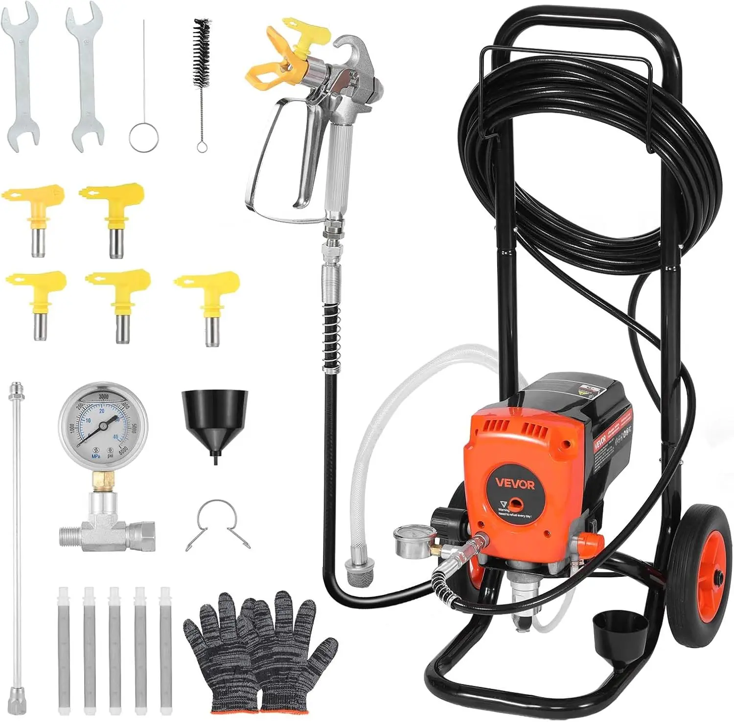 VEVOR Wheeled Stand Airless Paint Sprayer, 900W High-Pressure 3300PSI Electric Paint Machine with All-Metal Cart, Complete Kit (Cleaning Brush, Hose, Extension Rod, Nozzles) for Home Interior-Exterior Smooth Coating, Airless Sprayer