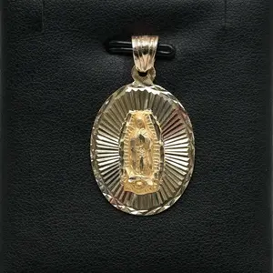 14k Gold Large Virgin de Guadalupe Pendant Oval - Diamond Cut