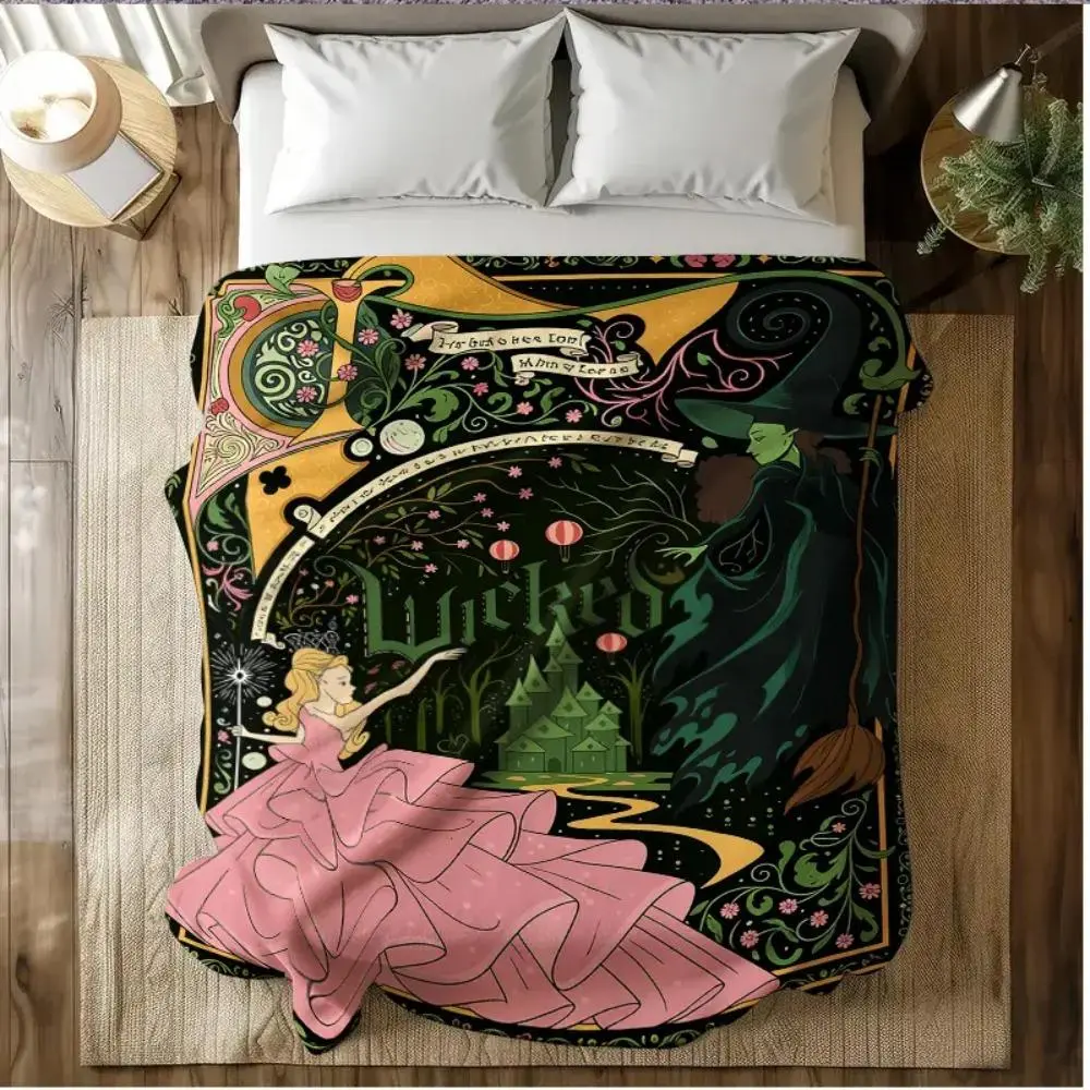 Wicked Musical Elphaba Glinda Art Nouveau Floral Border Print Fleece Throw Blanket, Wizard Of Oz Witch Character Soft Plush Blanket For Bed Sofa Decor, Dark Fantasy Green Castle Home Decor Blanket, Unique Birthday Holiday Gift For Wicked Musical Fans