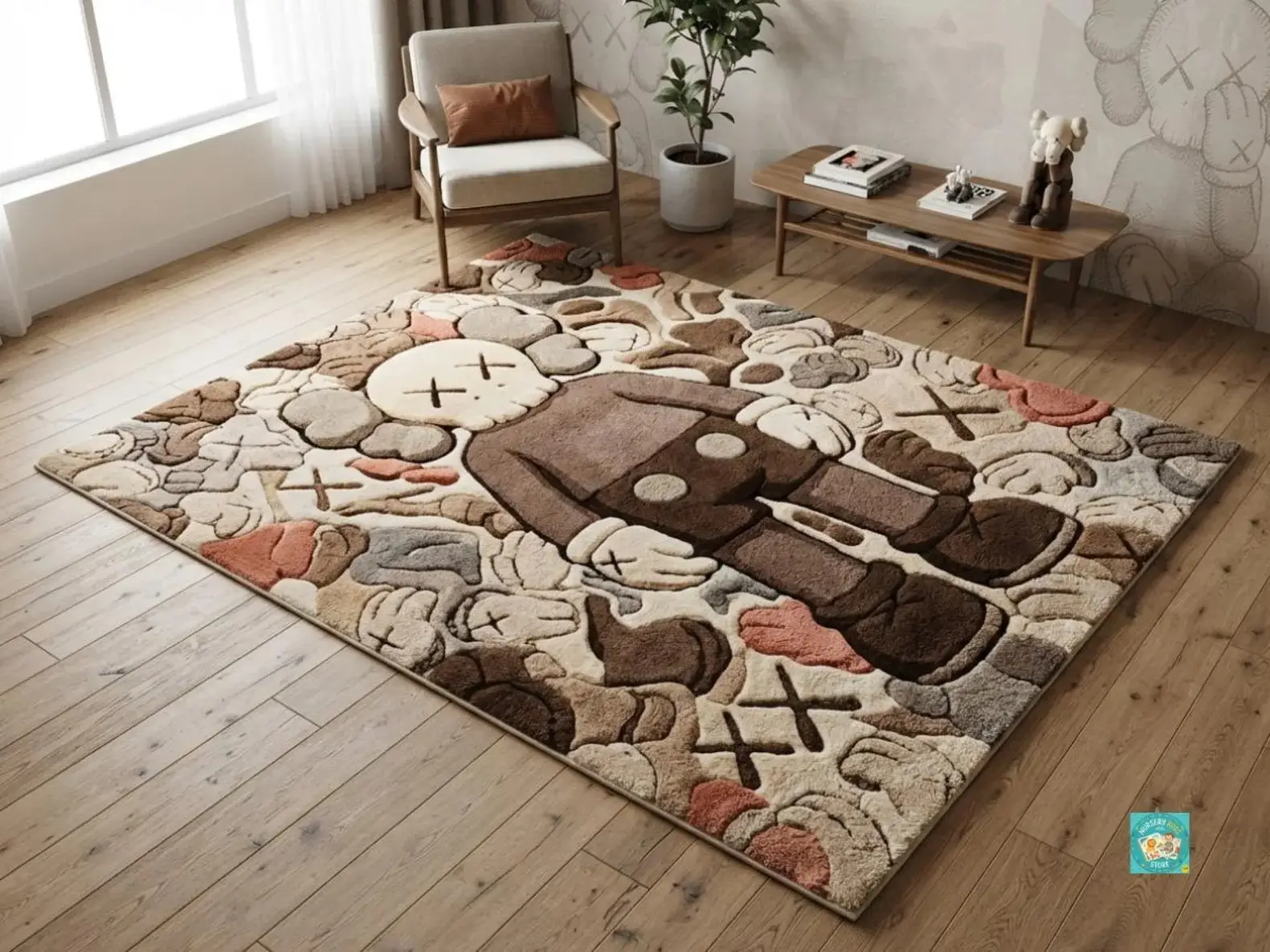 KAWS Inspired Brown Hand-Tufted Area Rug, Pop Art Carpet, Hypebeast Home Decor, High-Low Pile Textile