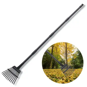 Rake for Leaves Small Metal Garden Tool with 11 Tines 63 Inch Adjustable Handle Sturdy Yard Rake for Gardening Gathering Leaves Weeds Debris, Black, Leaf Rake