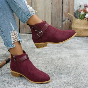 LISM Women's European & American Style Burgundy Lace-like Low Block Heel Ankle Boots with Golden-Tone Zipper - Pointed Toe Faux Fur Lining & EVA Cushioning - EU 36-43 (US Women's 4-10) - Winter Warmth, Solid Burgundy Short Boots with Rubber Sole & Zipper