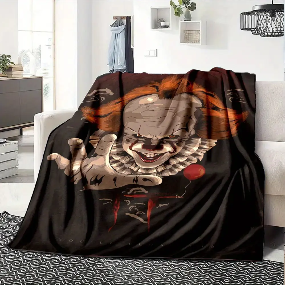 Horror Retro Print Pennywise Cotton Flannel & Microfibre Blanket - Soft, Warm, Breathable, Durable, Wrinkle Resistant, Multi-Size, Machine Washable - For Bed, Sofa - Ideal for Horror Movie Fans