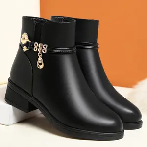 Women's Thermal Insulated Insole Winter Boots Chunky Heel Slip-On Ankle Boots with Zipper Closure Faux Cover Upper Cushioned Sole Warm Round-Toe Design with Plush Lining All-Season Brown Boots for Elderly Mothers Christmas Birthday Gift Non-Sli