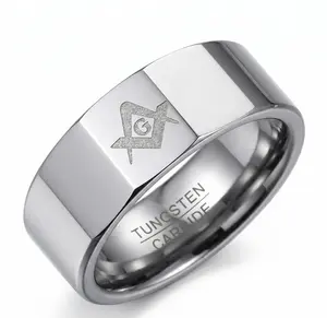 Men's 8mm Silver Tungsten Master Mason Faceted Ring - Freemason Anniversary Band, Hypoallergenic Jewelry, Everyday Accessory