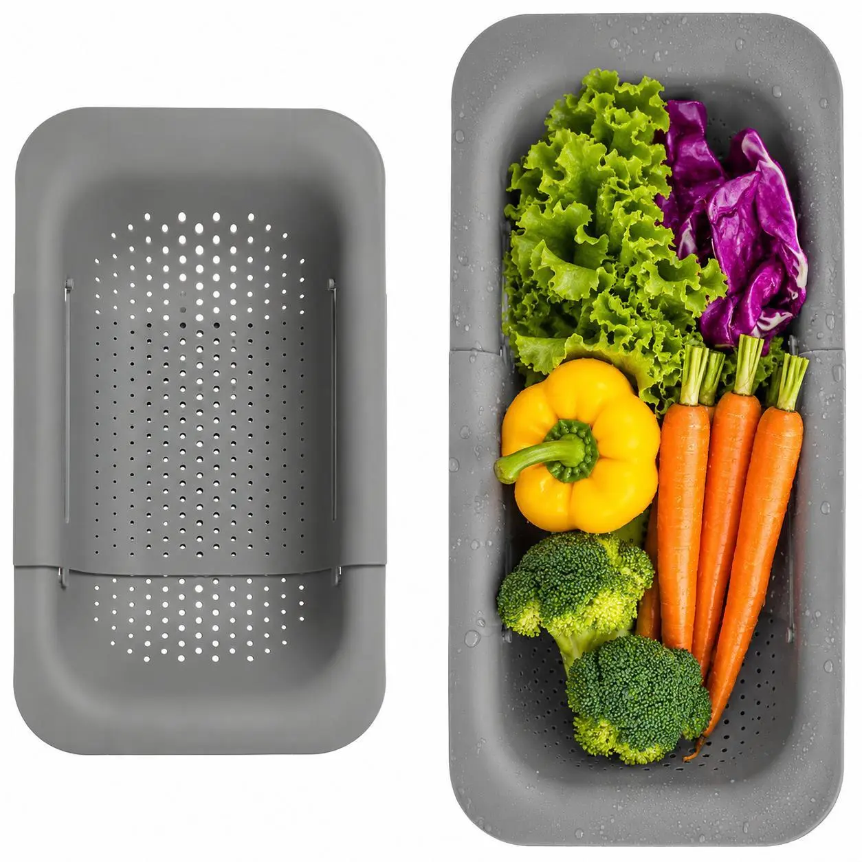 Over Sink Strainer Basket, Expandable Kitchen Colander for Washing Produce, Adjustable Drain Rack with Perforated Design, Vegetable Fruit Rinse Basket for Kitchen Counter and Sink Use Utensils Lightweight