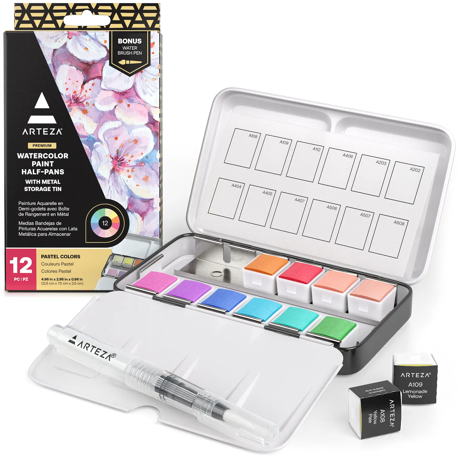 Arteza® 12-Pc Soft Pastels DIY Watercolor Half Pans Set (ARTZ-4514) - Water-Activated, Gentle Washes, Floral Painting, Metal Tin Container, Water Brush Pen Compatible, Quality Supplies for All Skill Levels, Pastel Colors, Durable Tin