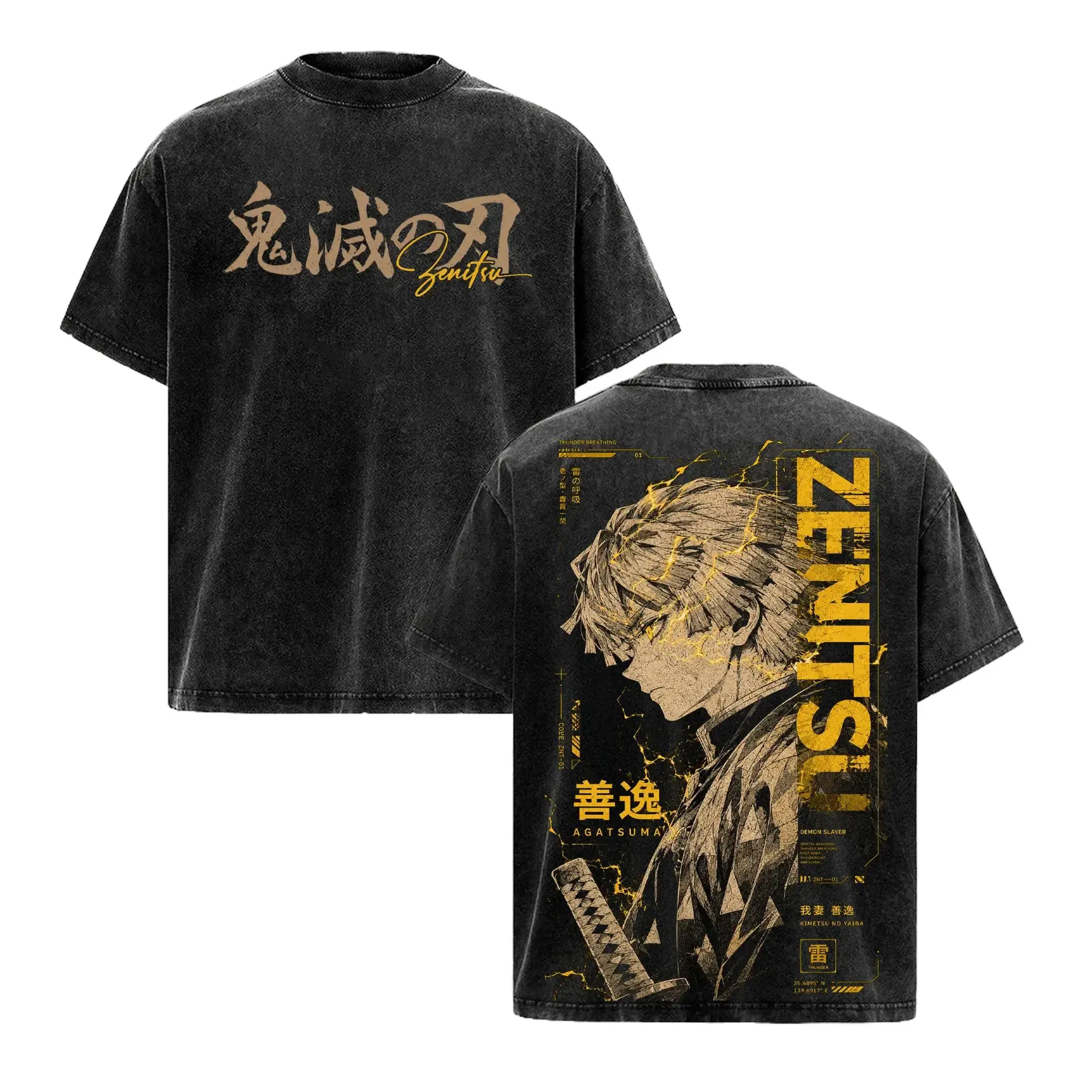 Zenitsu Agatsuma Demon Slayer Graphic Tee Unisex Oversized Vintage Washed Cotton T-Shirt Infinity Castle Arc Thunder Breathing Anime Shirt Double Printed Round Neck Short Sleeve Summer Casual Wear Machine Washable Everyday Top Streetwear Y2K Anime Gift