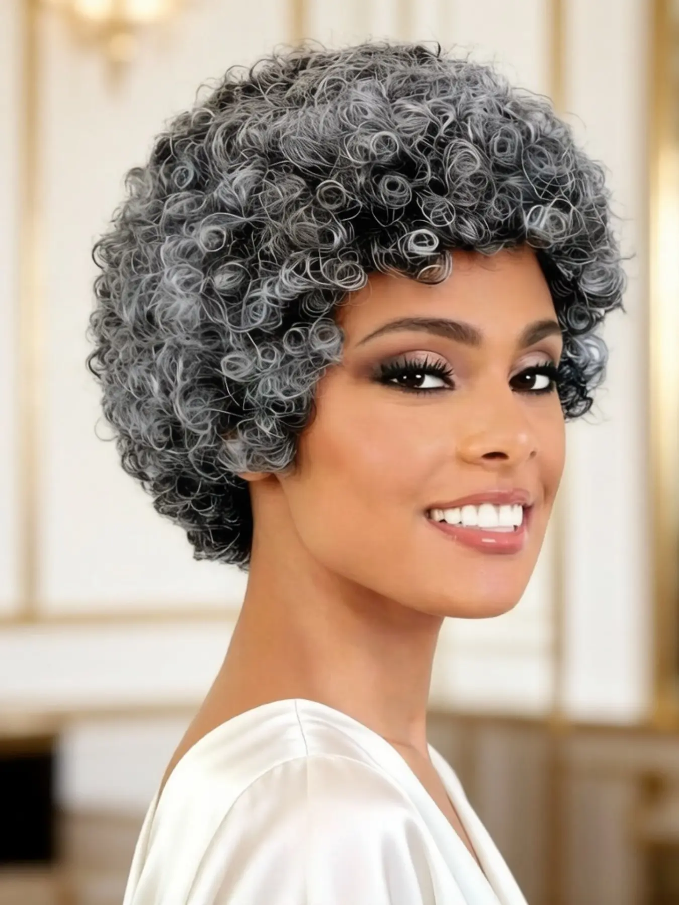 Grey Human Hair Wig for Women, Short Curly Bangs Wig, Mom Grandmother Daily Use, 6 Inch Bouncy Curly Fluffy Wigs, 180% Density