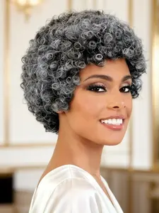 Grey Human Hair Wig for Women, Short Curly Bangs Wig, Mom Grandmother Daily Use, 6 Inch Bouncy Curly Fluffy Wigs, 180% Density
