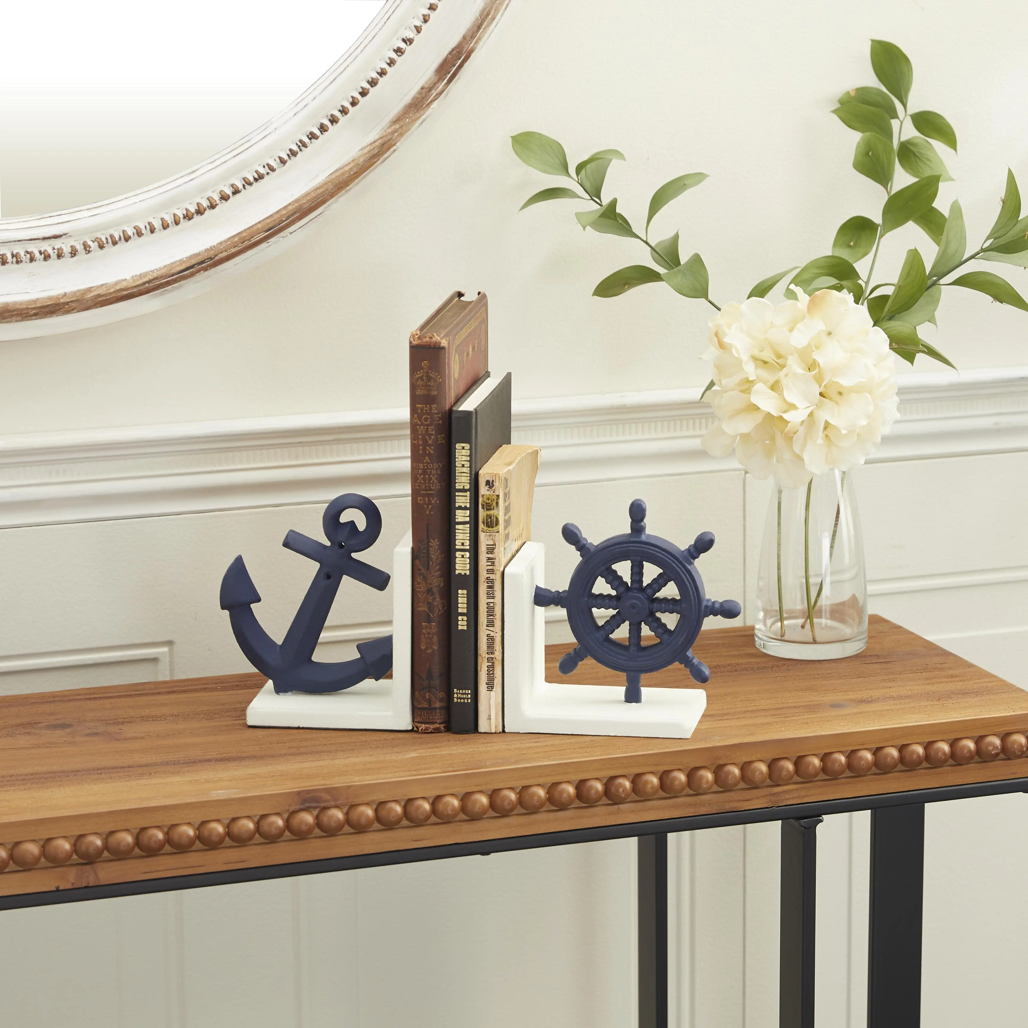 6x6 in Portable Metal Bookends (Set of 2, Blue) - Coastal Nautical Theme Decor with Ship Wheel & Anchor, Desk Organizer Accessory for Shelves, Living Rooms, Office Stationery