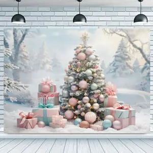 1pc 2D Flat Winter Wonderland Christmas Tree & Gifts Polyester Photography Backdrop – 1 Piece, Festive Background for Family Gatherings, General Use Decor, Portable, No Electricity Needed, Featherless