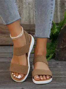 Summer new khaki woven strap thick soled sandals for women with Velcro elastic band casual sandals for commuting and outdoor wear beach shoes