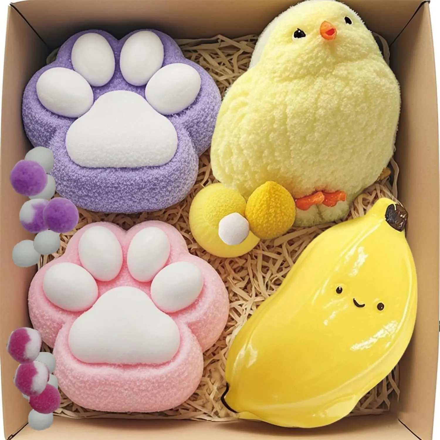 4PCS Big Taba Squishy Toys Set – Mega Chick, Banana & 2 Cat Paw Slow Rise Squishies, Stress Relief Sensory Fidget Toys for Kids & Adults, Anxiety Relief Squeeze Toys