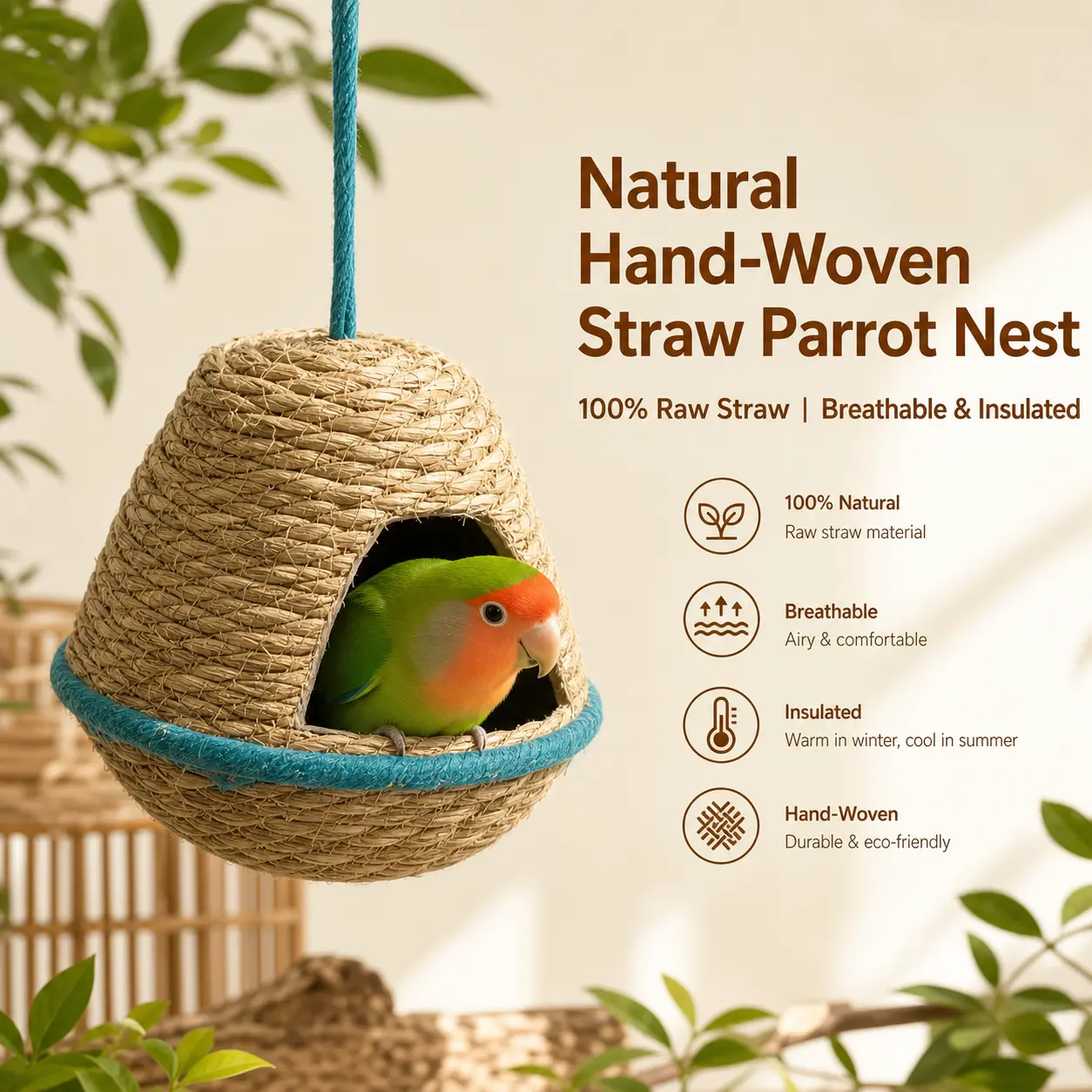 Handmade Straw Birds Nest - Breathable Insulated Hanging Bird House, Chew Toy, Sleeping Nest, Breeding Cave for Cockatiels, Lovebirds