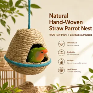 Handmade Straw Parrot Nest  Breathable Insulated Hanging Bird House | Chew Toy + Sleeping Nest + Breeding Cave | Natural Hut for Cockatiel Lovebird Budgie