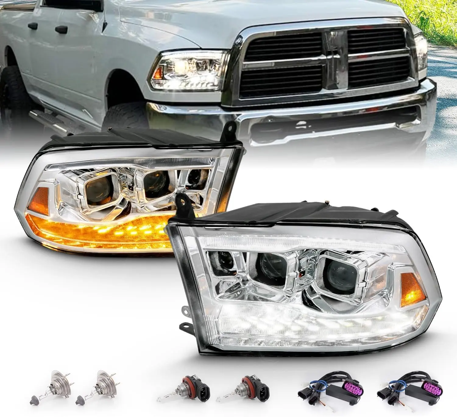 AmeriLite for 2009-2018 Dodge Ram Pickup [Quad/Projector Model] Dual Square Projector Switchback LED Tube Chrome Headlights Assembly Set - Passenger and Driver Side