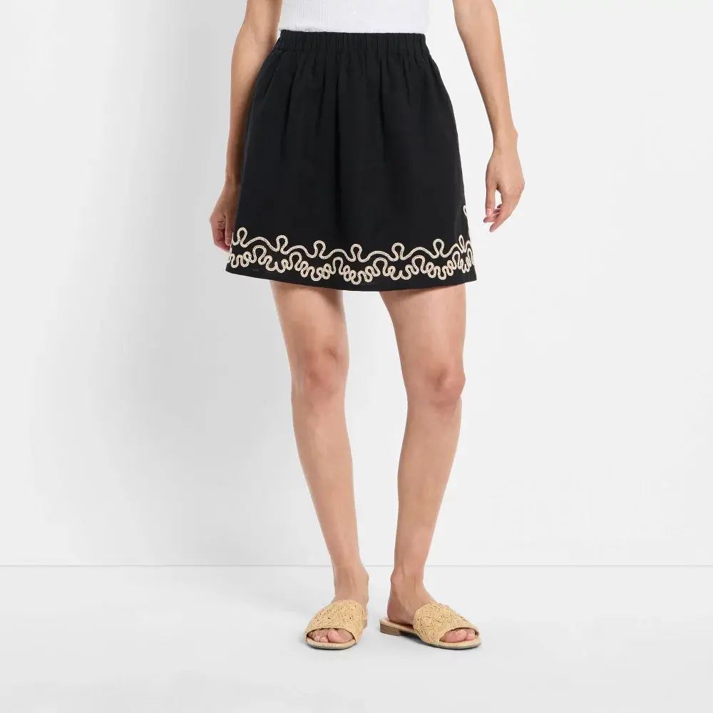 Women's Embroidered Linen-Cotton Fabric Mini A-Line Pantskirt with Pocket - Future Collective Black XL, Women's Bottoms