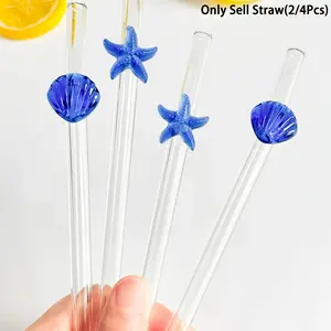 2/4Pcs Cute Blue Starfish/Shell Stuff Glass Drinking Straws,For Water Cup,Reusable Bent Clear Thick Glass Straw Cutlery Set,For Kitchen Accessaries,Straw Topper,Cold Drinks,Milk Tea,Coffee,Juice,Smoothies,Dr Pepper,Home,Restaurants,Hen Party Supplies.
