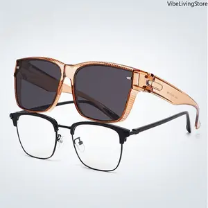 Flip-Up Fit-Over Sunglasses, TR90 Frame UV400 Protection Square Sun Glasses, Quick Switch Combo Eyewear Fits Over Prescription Eyeglasses for Men Women Daily Wear,summerwins
