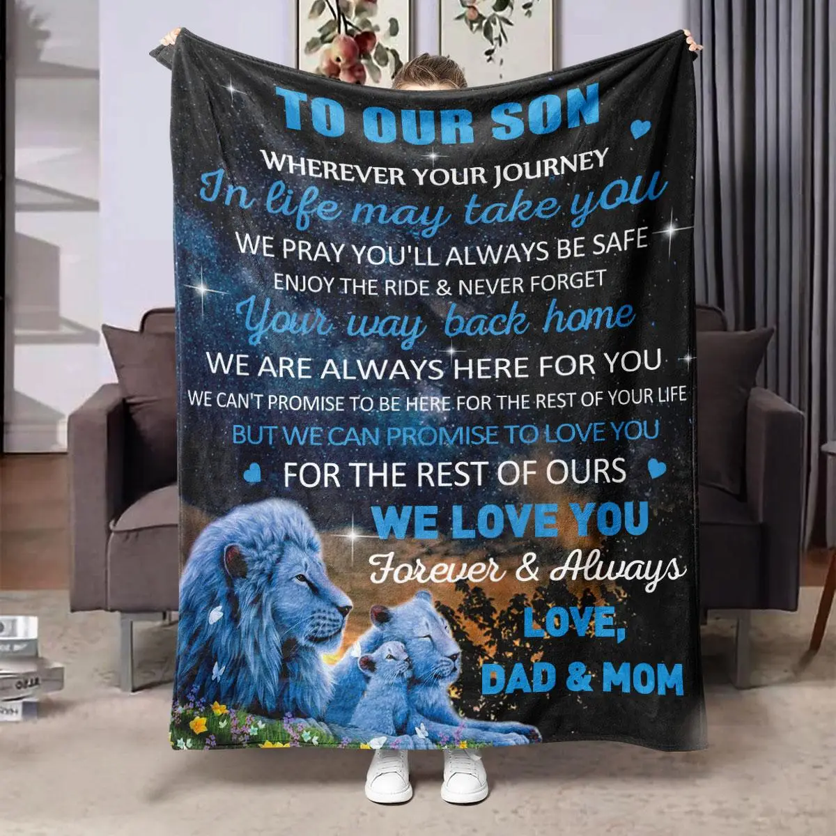 Christmas Lion & Letter Print Flannel Blanket, 1 Count Soft Warm Throw Blanket, Creative Blankets Gift for Son, Bedroom Accessories, Bedding for Holid