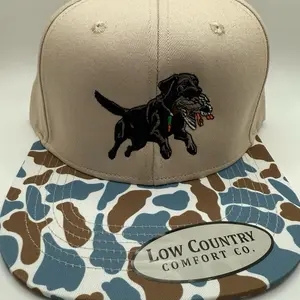 Black Lab Duck Embroidered Hat with Camo Bill, Beige Color, Casual Style, Featuring Dog Design