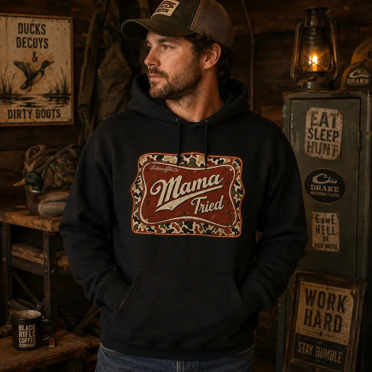 Mama Tried Hunting Hoodie, Vintage Camo Graphic Pullover, Funny Outdoorsman Hoodie, Retro Hunting Camp Sweatshirt, Country Outdoor Gift for Men
