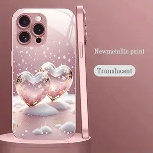 Pink Heart-Shaped Snowflake Pattern Pink Metallic Paint Tempered Glass Hard Phone Case, Compatible with iPhone 17/16/15/14/13/12/11/XR/XS/X/7, Fashionable and Creative, Fashionable Phone Accessories, Fashionable Phone Case, Heart-Shaped Design, Creative A