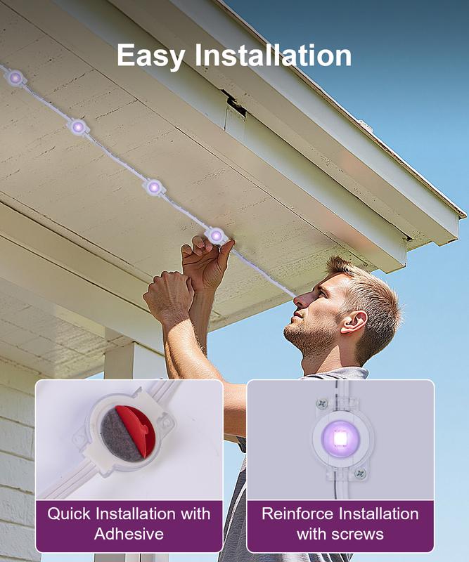 Fussion 100-200FT RGB Eave Outdoor Lights Permanent LED Colorful Eaves with APP & Remote Control IP67 Waterproof Festive Decorations 100FT/150Ft/200Ft/300FT/400FT