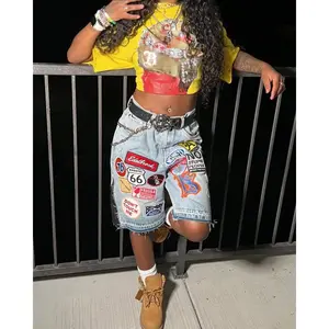 Mens Womens Y2K Rock Hip Hop Patchwork Denim Short Cartoon Pattern Retro Blue Baggy Denim Fitness Casual Shorts Basketball Short