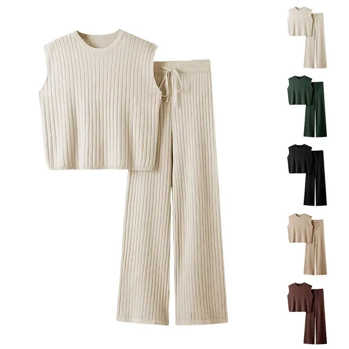 SCUSTY Women's 2 Piece Knitted Set Summer Outfits Pullover Sleeveless Vest High Waist Wide Leg Trousers Casual Suit Sportswear