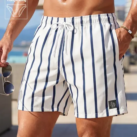 Men's Striped Print Shorts, Regular Fit Breathable Lightweight Athletic Pockets Swimming Shorts for Summer, Men's Swimwear for Beach Vacations and Outdoor Activities, Summer Swim Bottoms