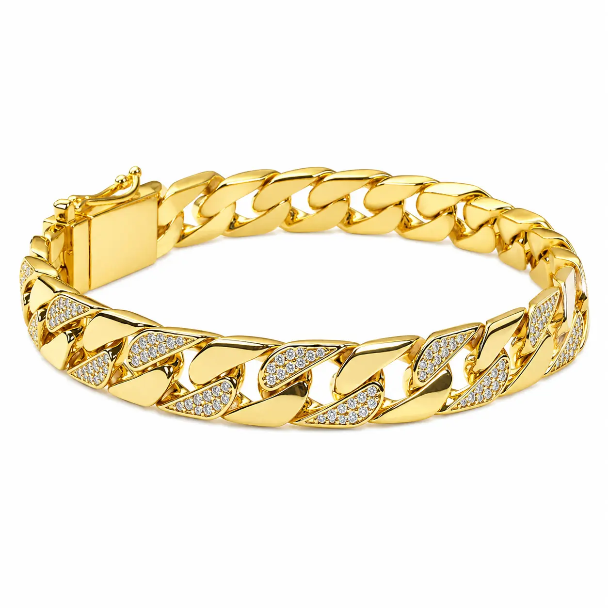 18K Gold-Plated  Chain with Cubic Zirconia Miami Cuban Link Bracelet Italian Mexican Style Unisex Hip-Hop 8mm Width Everyday Wear Casual Fashion Gift Idea Chicano Style