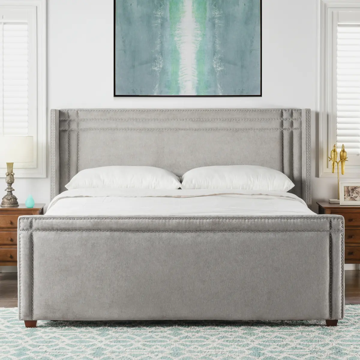 Silver Grey Polyester Elle Wingback King Bed - Upholstered Design with Plush Cushioning, Sturdy Frame & Anti-Slip Foot Pads, Elegant Wingback Silhouette for Bedroom Master Suite Luxury Home Rental Space